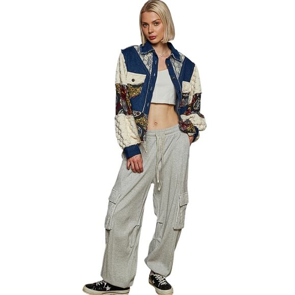 NWT POL Women’s Boho Balloon Sleeve Denim Patchwork Thermal Jacket - Picture 2 of 3